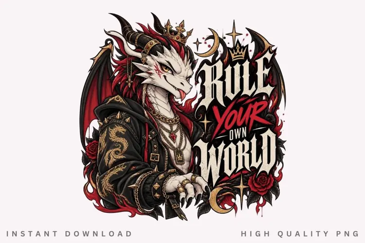 Regal Dark Dragon with Crown, Horns, Red Wings, Roses and