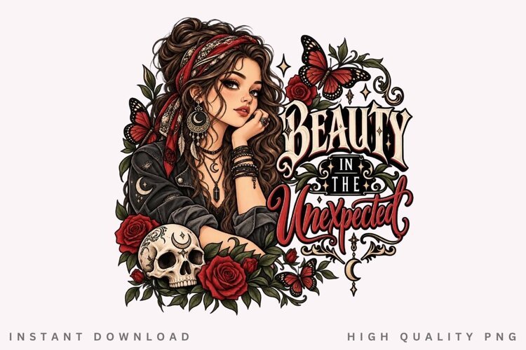 Beauty in the Unexpected Gothic Woman Roses Butterfly Skull example image 1