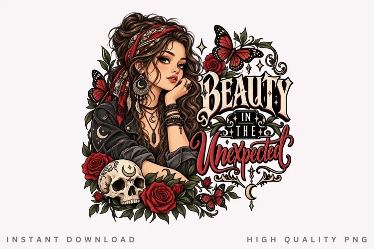 Beauty in the Unexpected Gothic Woman Roses Butterfly Skull