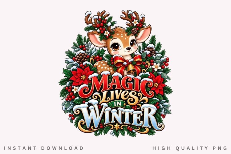 Magic Lives in Winter Cute Reindeer Christmas Holiday PNG example image 1