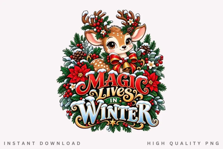 Magic Lives in Winter Cute Reindeer Christmas Holiday PNG