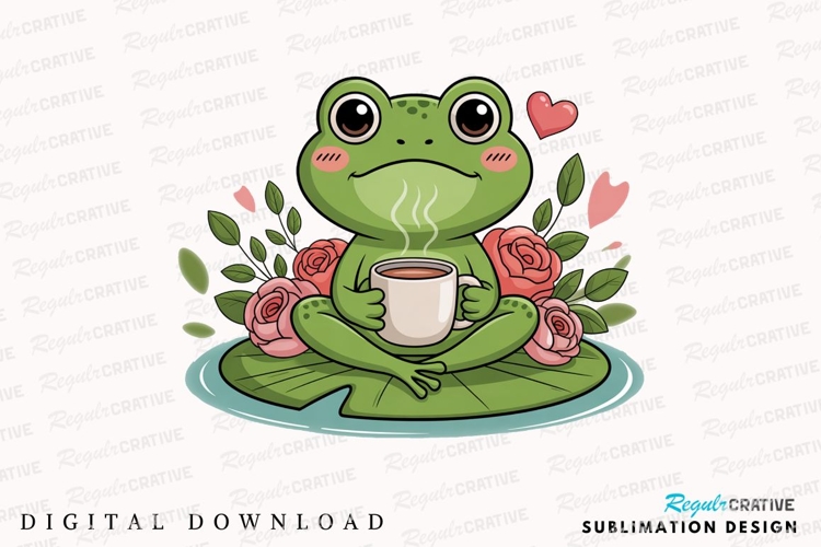 Cute Frog Meditating With Coffee On Lily Sublimation PNG