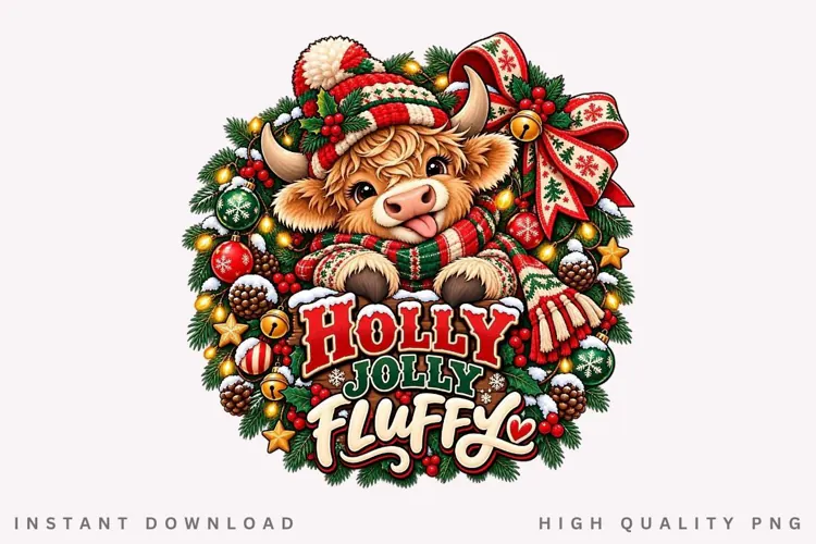 Cute Highland Cow Holly Jolly Fluffy Christmas Winter