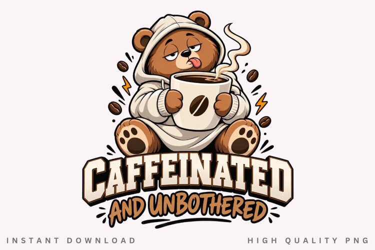 Caffeinated and Unbothered PNG, Cute Coffee Bear example image 1