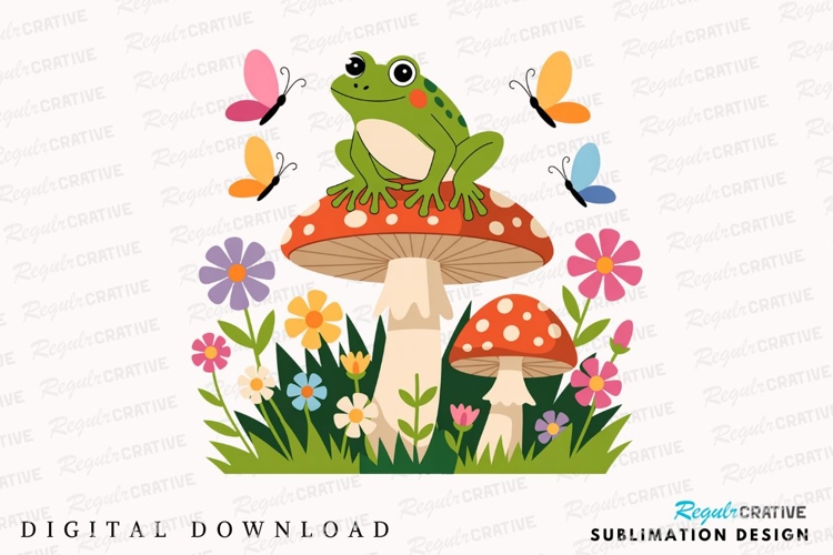 Cute Frog Sitting On Mushroom Surrounded Sublimation PNG