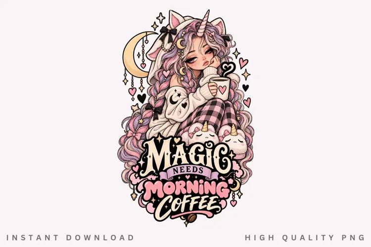 Magic Needs Morning Coffee PNG, Cute Unicorn Girl Coffee