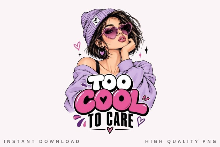 Too Cool To Care PNG Sublimation Design, Preppy Beanie Girl example image 1