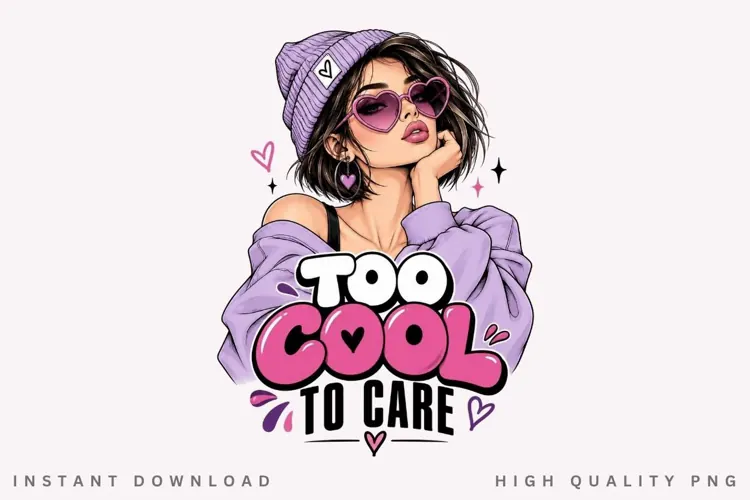 Too Cool To Care PNG Sublimation Design, Preppy Beanie Girl