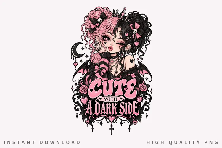 Cute With A Dark Side PNG, Gothic Girl Clipart, Pink Goth