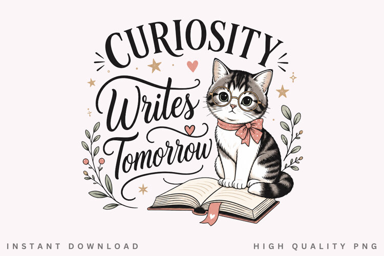 Curiosity Writes Tomorrow PNG Sublimation Design, Cute Cat example image 1