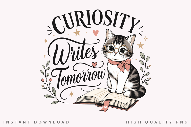 Curiosity Writes Tomorrow PNG Sublimation Design, Cute Cat