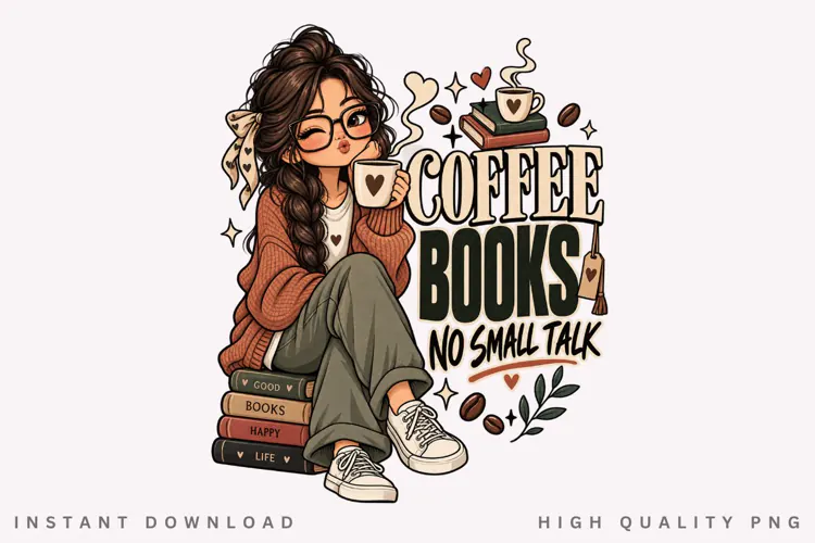 Coffee Books No Small Talk PNG, Cozy Reading Girl Clipart