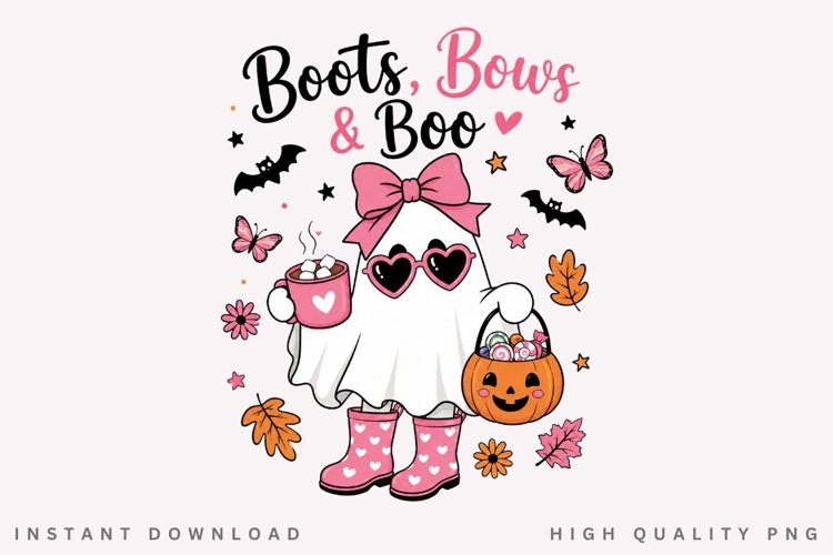 Boots Bows And Boo PNG, Pink Ghost Coffee Sublimation