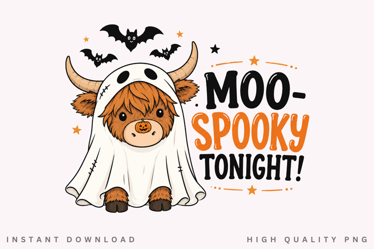 Moo Spooky Tonight PNG Sublimation Design, Ghost Highland