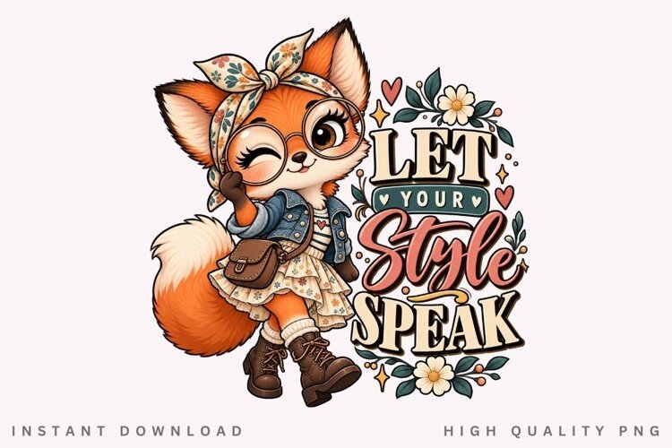 Cute Floral Fox Girl with Glasses, Bandana, Denim Outfit example image 1