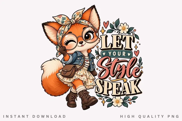 Cute Floral Fox Girl with Glasses, Bandana, Denim Outfit
