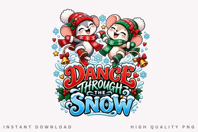 Cute Christmas Mice Dancing Through the Snow Winter Holiday