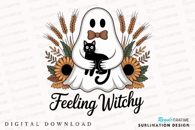 Ghost with Cat and Floral Elements Feeling Sublimation PNG