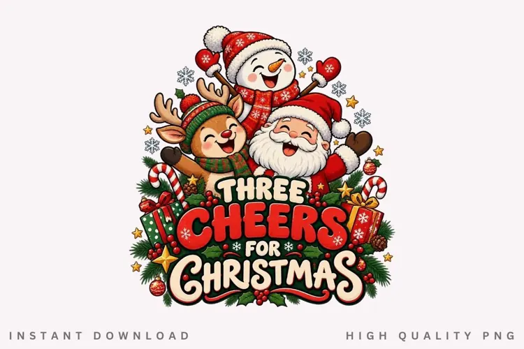Three Cheers for Christmas Santa Snowman Reindeer Holiday