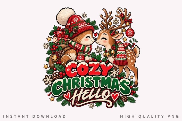 Cozy Reindeer Couple Christmas Hello Winter Holiday PNG example image 1