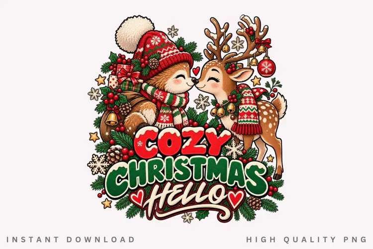 Cozy Reindeer Couple Christmas Hello Winter Holiday PNG