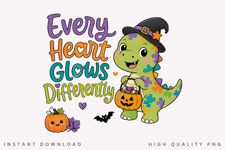Every Heart Glows Differently PNG, Autism Halloween Dino