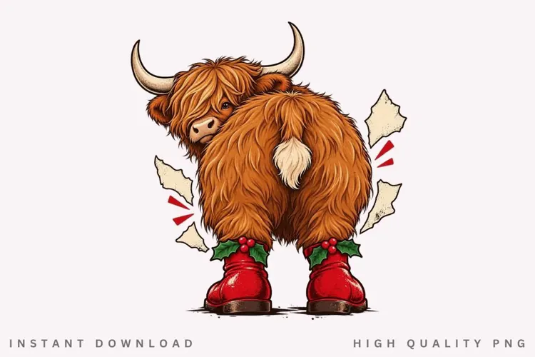 Christmas Highland Cow PNG Sublimation Design, Funny Cow But
