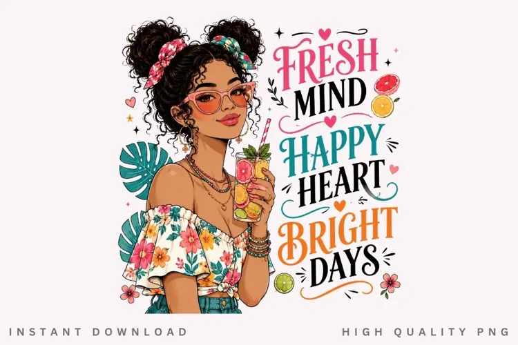 Fresh Mind Happy Heart PNG Sublimation Design, Summer Girl