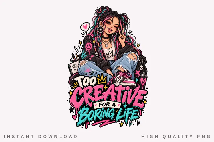 Too Creative PNG, Colorful Alternative Girl Illustration