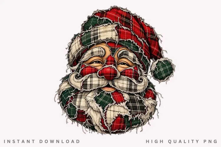 Patchwork Santa Claus PNG Sublimation Design, Rustic Plaid