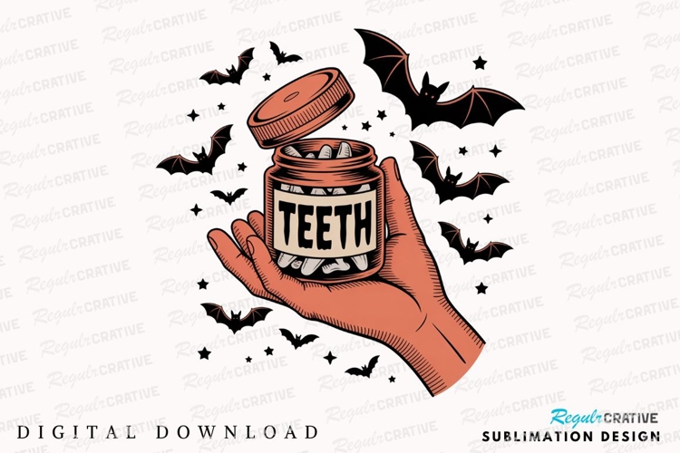Hand Holding Jar of Teeth with Bats and Sublimation PNG