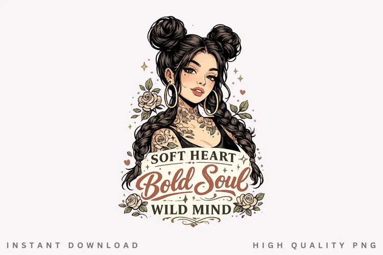 Soft Heart Bold Soul PNG, Floral Girl Illustration, Tattoo
