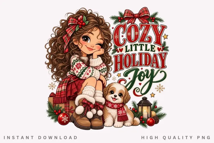 Cozy Little Holiday Joy Cute Girl and Puppy Winter