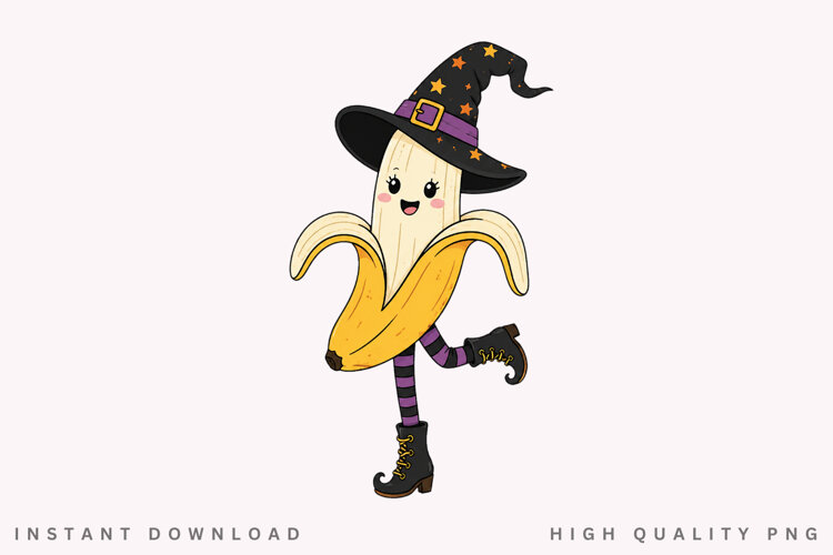 Halloween Witch Banana PNG Sublimation Design, Cute Spooky example image 1