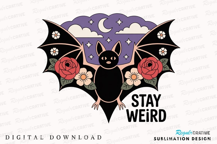 Bat with Roses and Flowers Against Purple Sublimation PNG