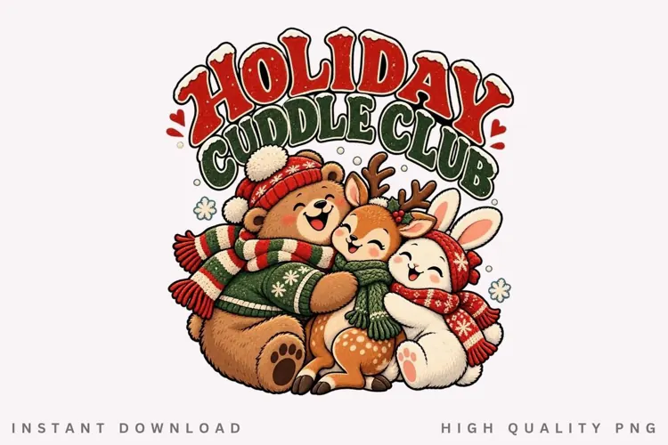 Holiday Cuddle Club PNG Sublimation Design, Cute Woodland