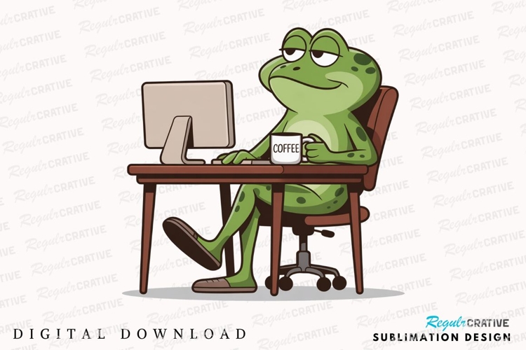 Cartoon Frog Working At Desk Drinking Coffee Sublimation PNG