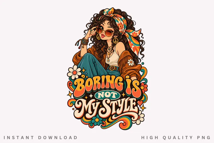 Boho Hippie Girl PNG, Retro Flower Woman Design, Peaceful