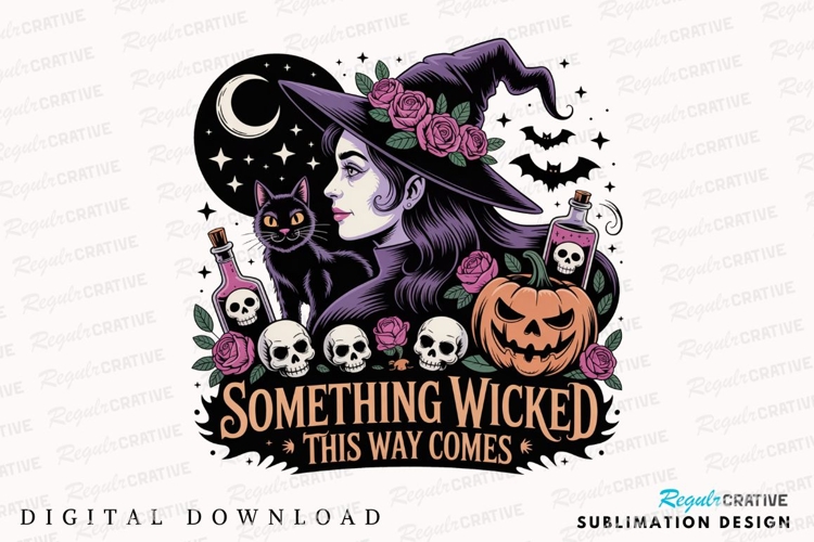 Witch with Black Cat Pumpkin Skulls and Sublimation PNG