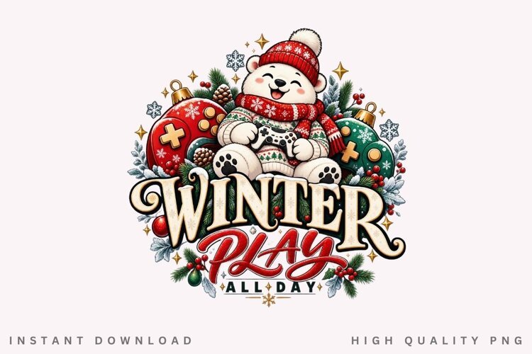Cute Winter Bear Playing Video Game Christmas Holiday Design example image 1