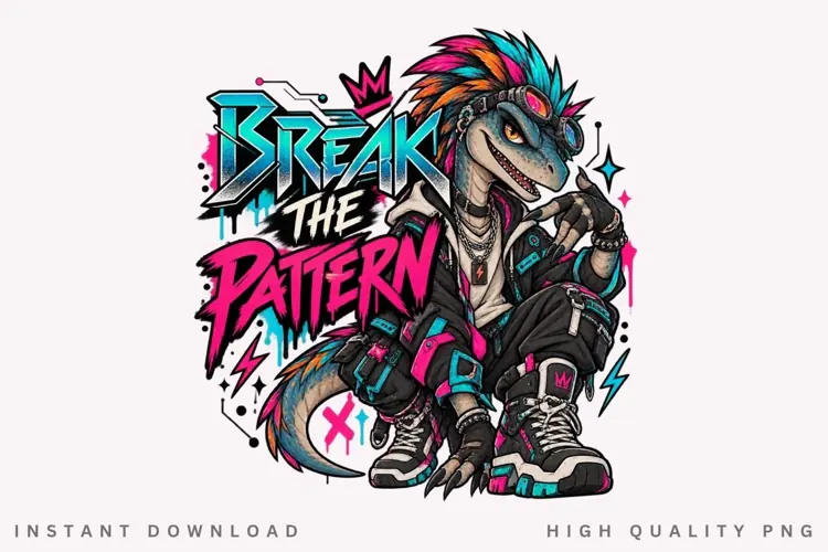 Neon Punk Dragon with Colorful Mohawk, Goggles, Streetwear