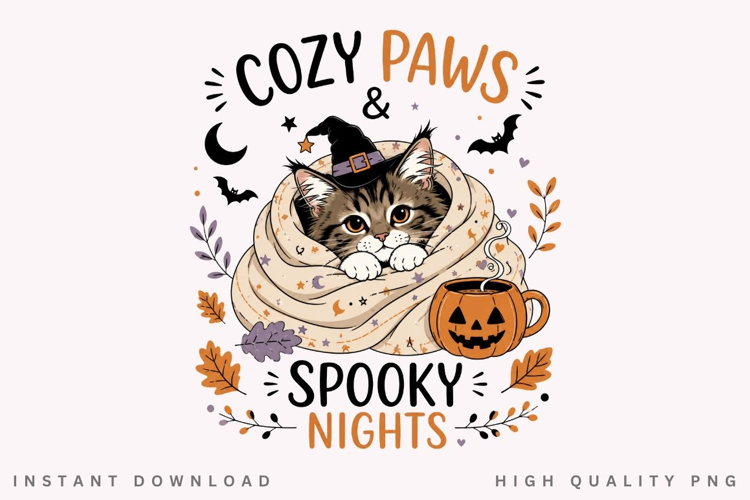 Cozy Paws And Spooky Nights PNG Sublimation Design, Cat In