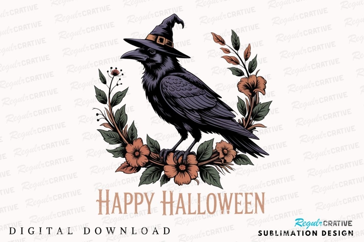 Halloween Raven Wearing Witch Hat Surrounded Sublimation PNG