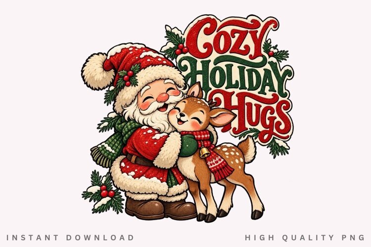 Cozy Holiday Hugs PNG Sublimation Design, Vintage Santa example image 1