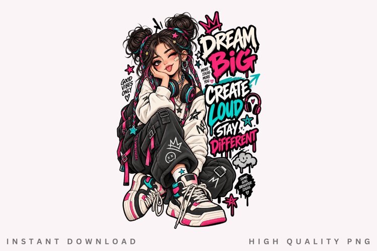 Dream Big Create Loud PNG, Inspirational Girl Clipart example image 1