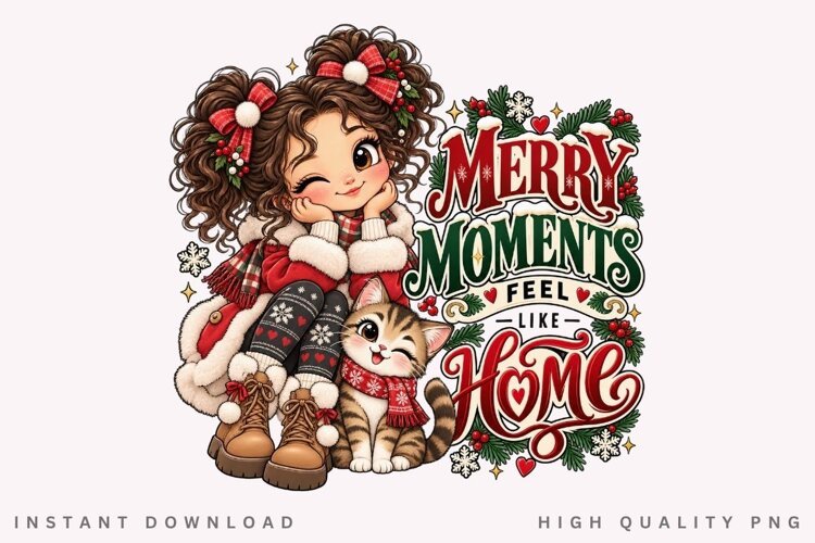 Cute Christmas Girl and Cat Merry Moments Feel Like Home example image 1