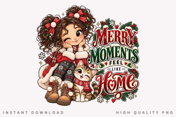 Cute Christmas Girl and Cat Merry Moments Feel Like Home