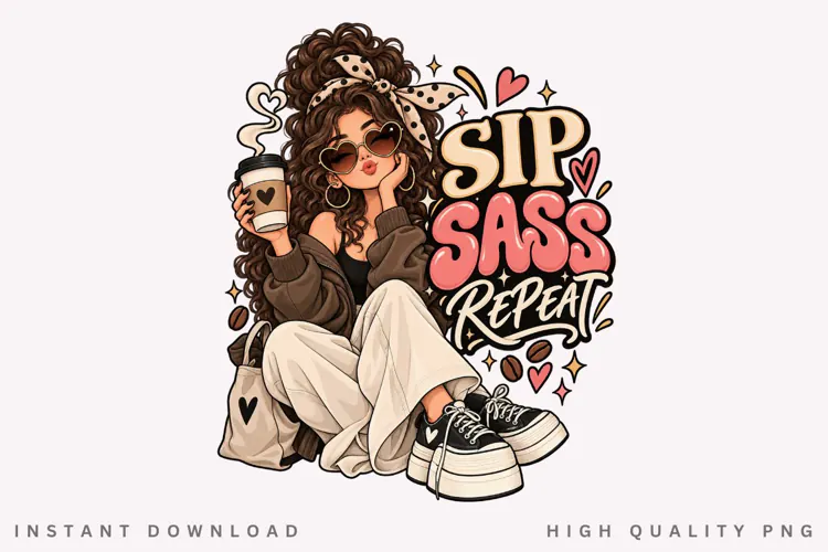 Sleep Sassy Repeat PNG, Coffee Girl Clipart, Cozy Fashion