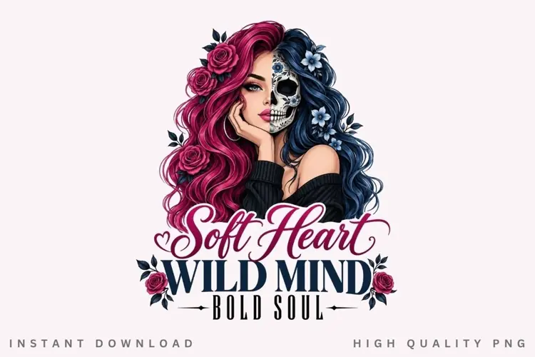 Soft Heart Wild Mind PNG Sublimation Design, Sugar Skull