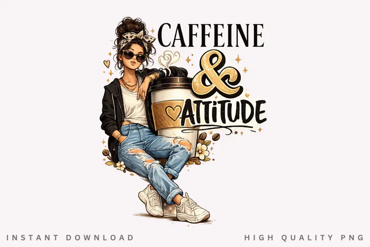 Caffeine & Attitude Girl PNG, Coffee Lover Woman Clipart
